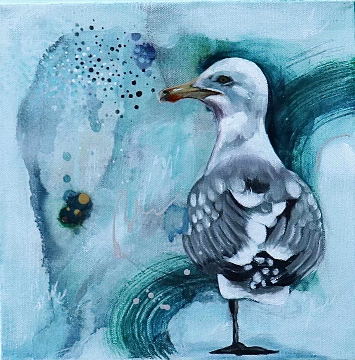 Satisfaction by Elena Derksen  Image: A contemplative series blending abstract flow with avian form, „Guardians of the Shore“ explores the quiet symbolism of seagulls—solitary, graceful, and ever tethered to the rhythm of sky and sea.

