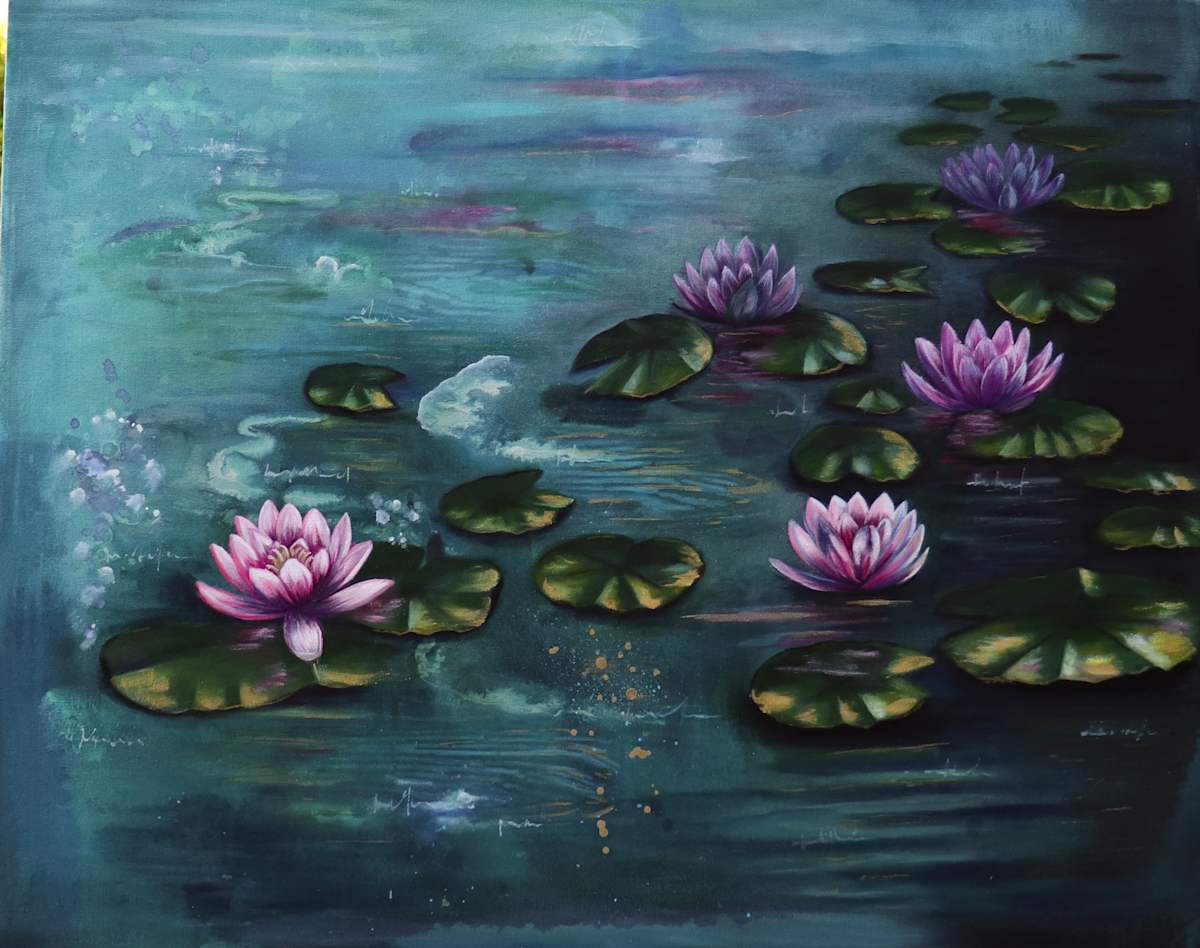 Still Morning by Elena Derksen  Image: Tranquil water lilies painting