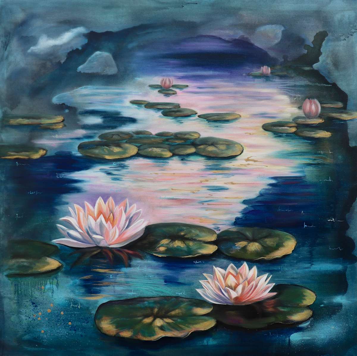 Path of Petals by Elena Derksen  Image: Golden reflections ripple across still waters, guiding the viewer through a glowing path of lily pads and emerging blooms. In this dreamlike scene, beauty quietly unfolds beneath dusk’s soft veil—an invitation to pause, reflect, and follow the light.