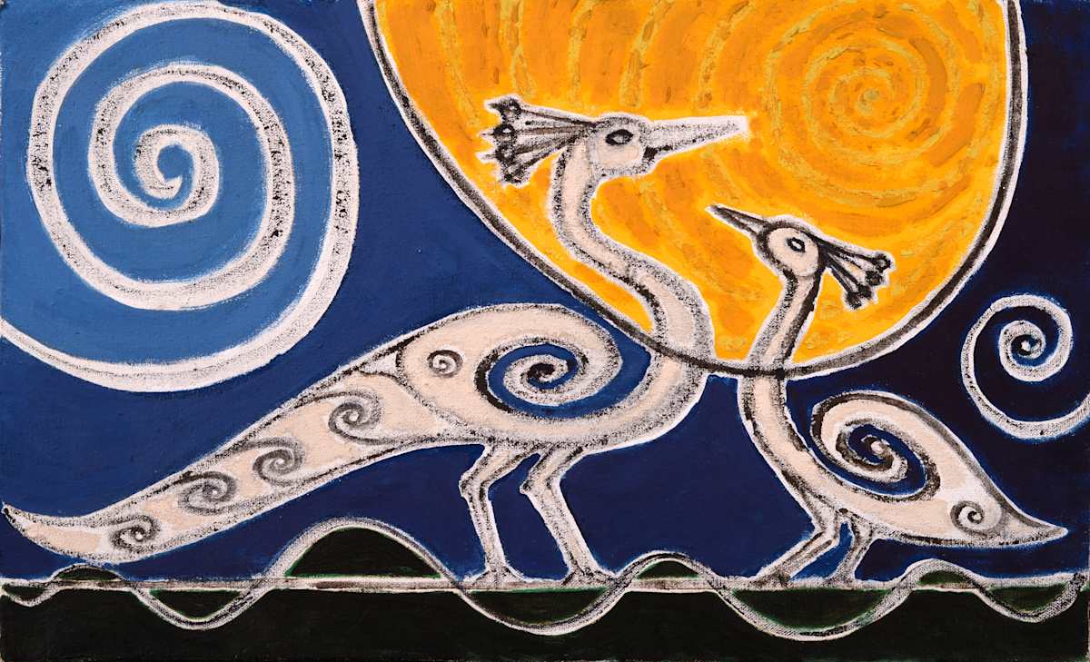 Two Birds in Moonlight by Aditya Prakash (1924-2008) 