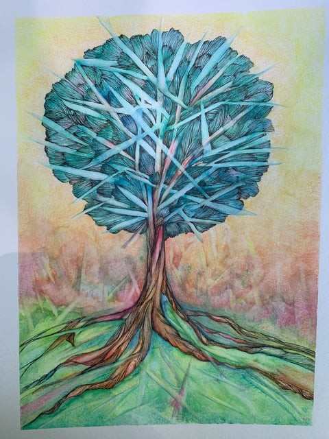 Root Series 1: Uxbridge by Barbara Wentzell Jaquith  Image: An abstract tree in Uxbridge, Ma