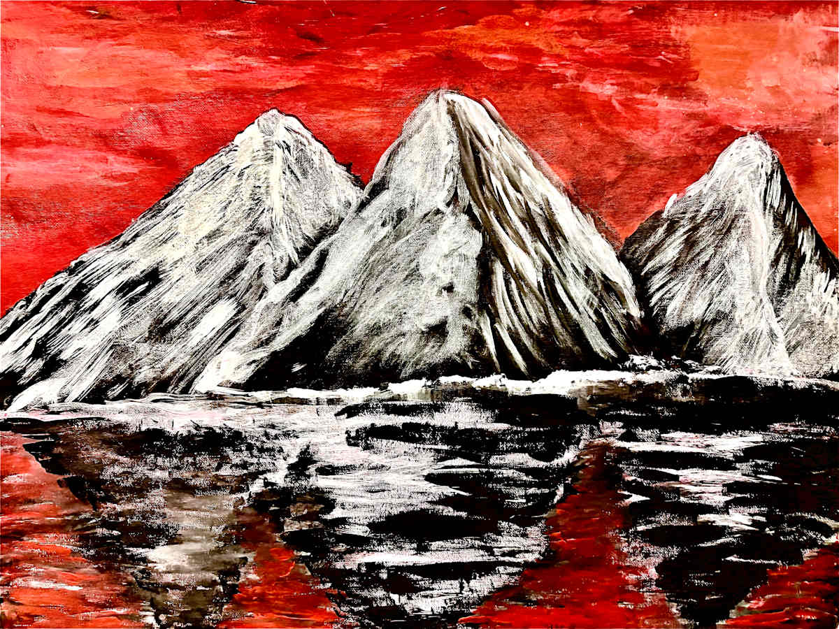 Red Mountains by Aaryan S  Image: These mountains stand boldly beneath a fiery red sky, silent and strong, like shadows of something ancient and powerful. Most people paint mountains under calm blue skies, but I wanted something different. The red background came from my imagination which is a symbol of emotion, intensity, and change. This piece feels like a dream or a memory: vivid, dramatic, and mysterious. It reminds me that sometimes, even stillness can burn bright.