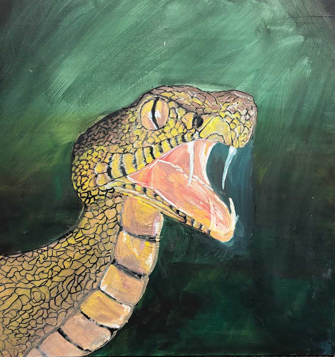 The Vibrant Snake by Aaryan Shanmuga  Image: This painting depicts a snake rendered in vibrant hues of yellow and brown, emphasizing its sinuous form and striking presence. The interplay of warm tones creates a dynamic contrast, highlighting both the creature’s elegance and the artist’s meticulous attention to detail.