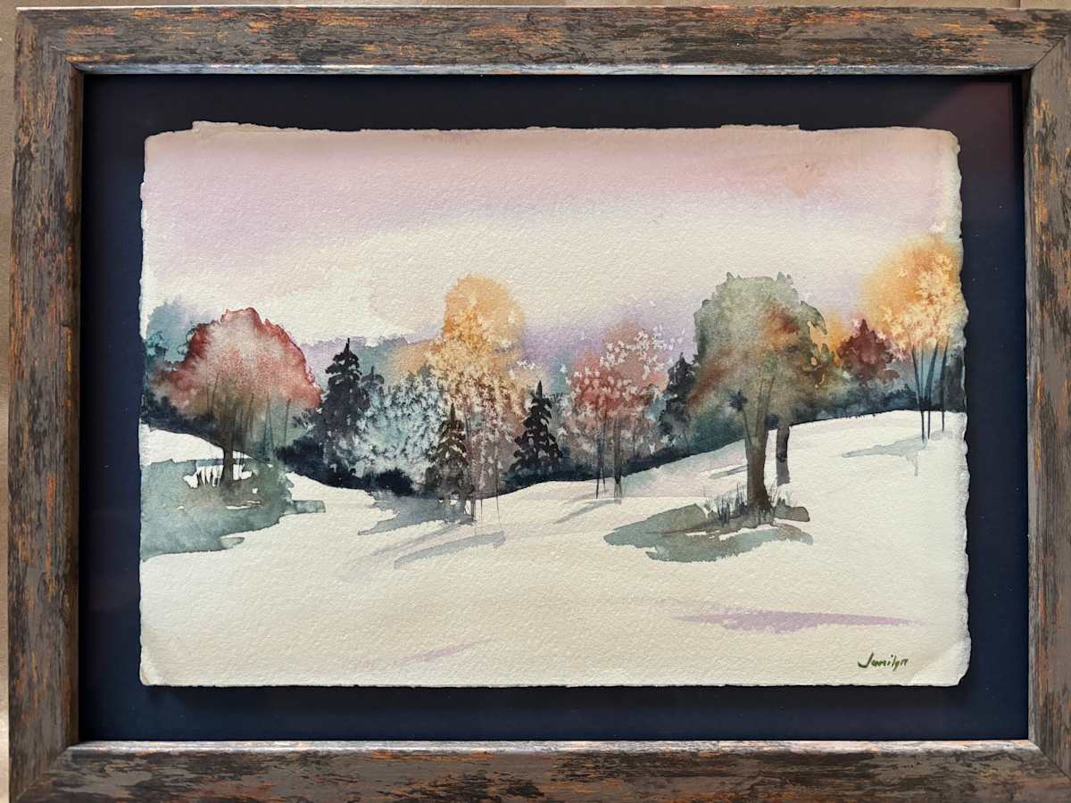 Pristine Meadow by Janet Miller  Image: Crystal white snow and a low sun on a crisp winters day.  The trees are hanging on to the last of their leaves.  Ready for some winter fun?