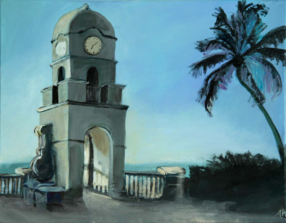 Worth Avenue Clocktower by Ashleigh Walters  Image: Palm Beach, Florida's famous Worth Avenue Clocktower, in early morning light, with a swaying palm tree.  The area is known for its upscale lifestyle, resort living, and beautiful beaches.  