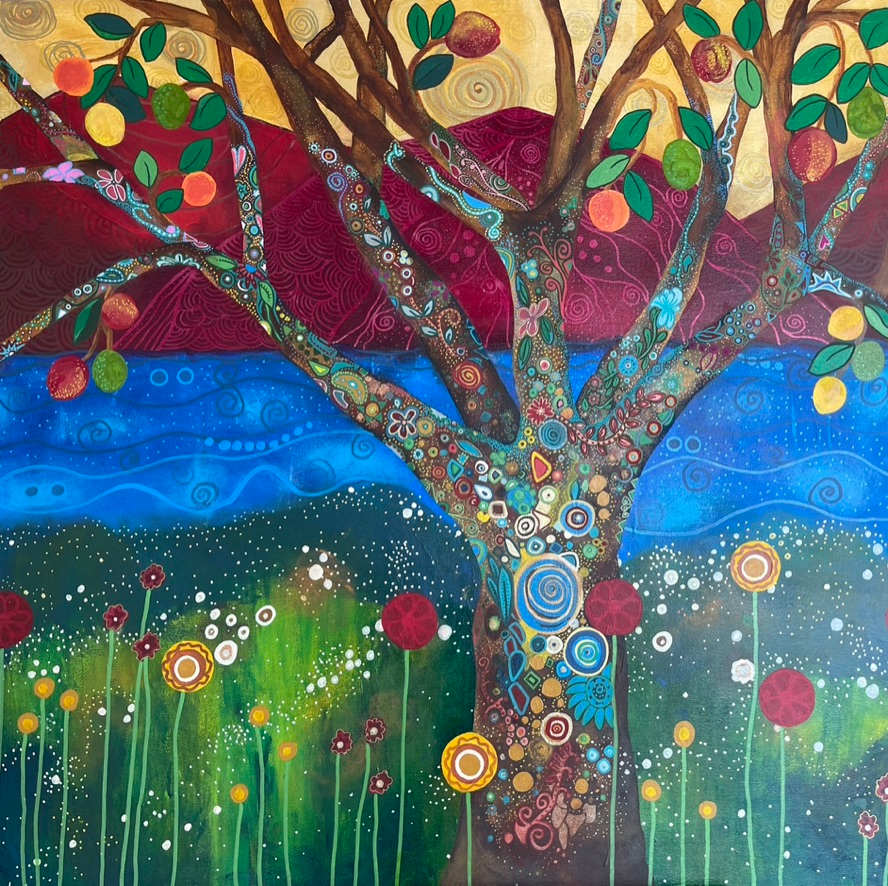 The Mountains and Me by Sarah Oliver  Image: The Mountains and Me is more than a painting—it’s a testimony in color, a prophetic dialogue between heaven and earth, surrender and revelation, stillness and transformation. It is a visual expression of what it means to walk By His Spirit.