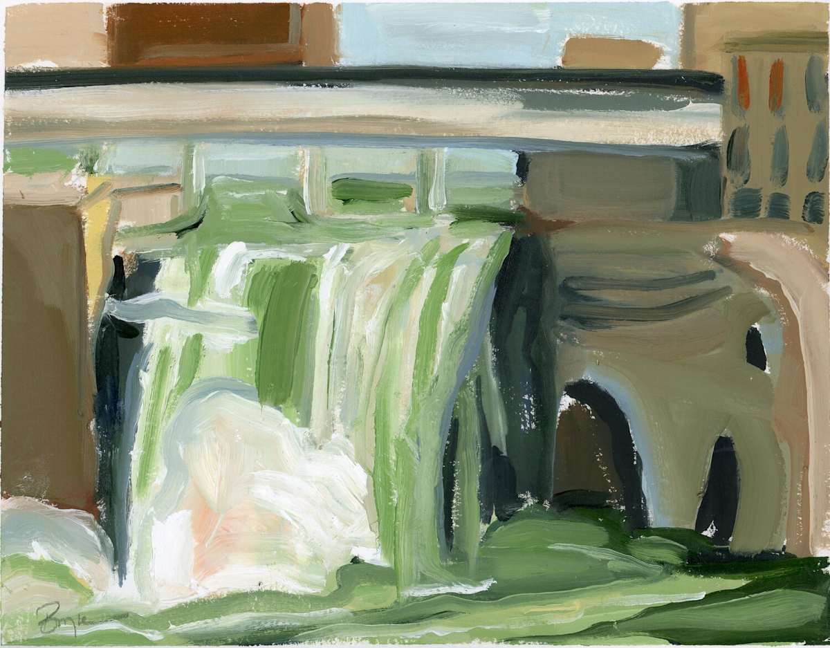 High Falls with Cave by Phyllis Bryce Ely  Image: Plein air of High Falls from Genesee Brewhouse. Floating mist and side caves provide great shapes. 