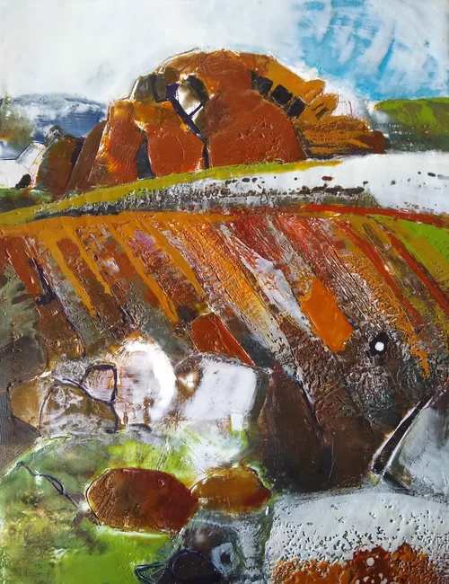 Belderrig, Millenia of Bog by Phyllis Bryce Ely  Image: Encaustic wax painting of peat excavation, Belderrig, Ireland