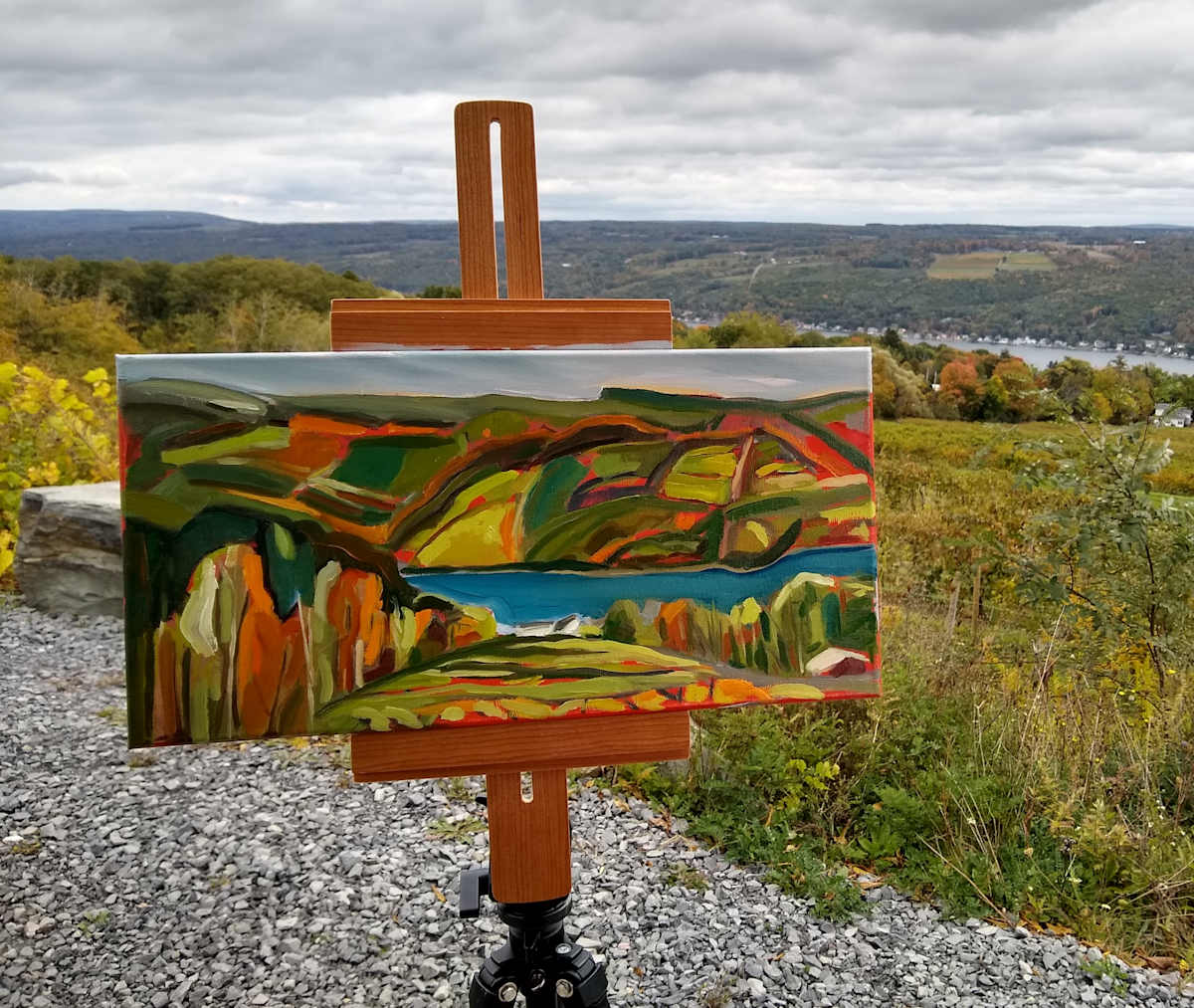 Across the Lake by Phyllis Bryce Ely  Image: Plein air in progress from Bully Hill at Keuka Lake. The kind folks at Bully Hill delivered coffee to us as we painted. 