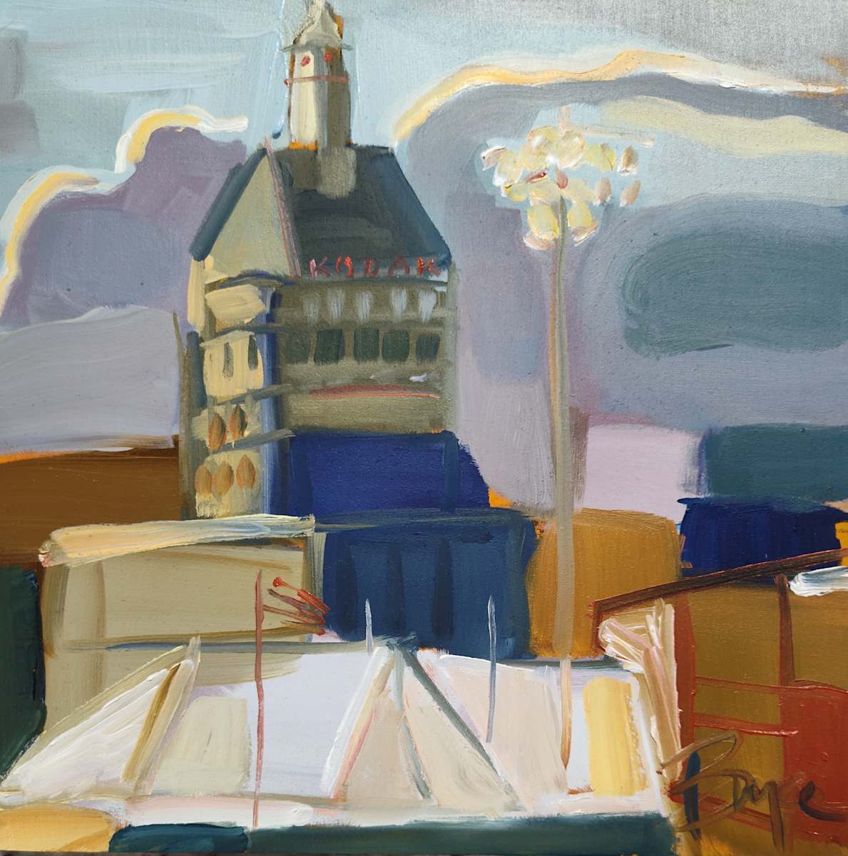 Kodak Tower by Phyllis Bryce Ely  Image: Kodak Tower from plein air paint out Red Wings game, June 2024. One of two paintings I made that night. 