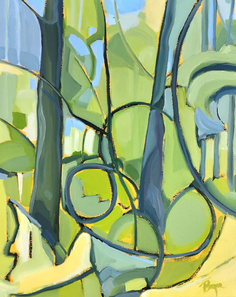 Into the Woods I by Phyllis Bryce Ely  Image: Studio work based on ink plein air studies at Saltonstall. Finding the design and a "stained glass window" in the woods.