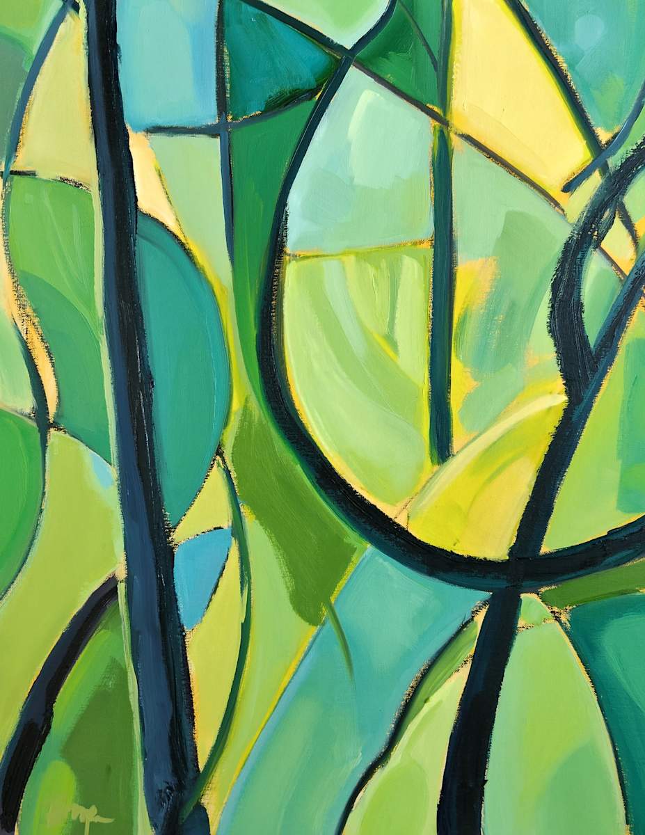 Into the Woods IV by Phyllis Bryce Ely  Image: Studio work based on ink plein air studies at Saltonstall. Finding the design and a "stained glass window" in the woods.