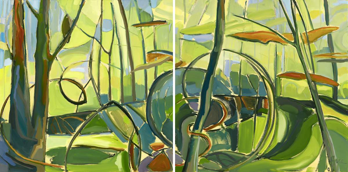 Woods Dweller Ithaca II by Phyllis Bryce Ely  Image: A large diptych of the woods at the Saltonstall Foundation for the Arts in Ithaca, NY  based on many plein air paintings from my visit in 2025.  The studio is surrounded by dense woods and creatures that are busy day and night. I love the strong verticals and endless tangles that weave up, down, and through the trees.