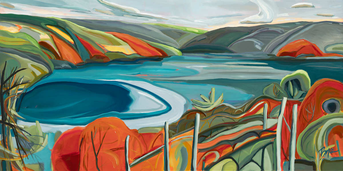 KEUKA GAZING NORTH by Phyllis Bryce Ely  Image: This studio painting is a view from Living Roots Winery based on plein air work from October 2024. This is a fresh north view up Keuka Lake from the southeast side. 