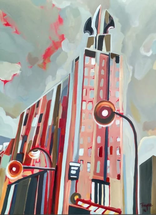 Wings of Progress by Phyllis Bryce Ely  Image: Wings of Progress in Rochester skyline on a summer night