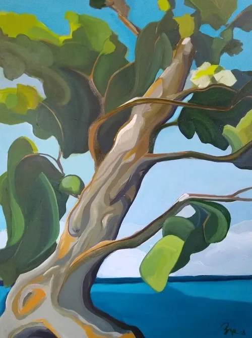 Reaching Out by Phyllis Bryce Ely  Image: I saw this tree along the shoreline tree at the Genesee Land Trust's Cornwall Preserve, on Lake Ontario. This is one of several paintings I created for invitational exhibit "The Unbuilt" (2019) celebrating preserved properties in our region. This tree cantilevered out over the eroded shoreline with a lot of hope and confidence. It was my goal to capture that. 