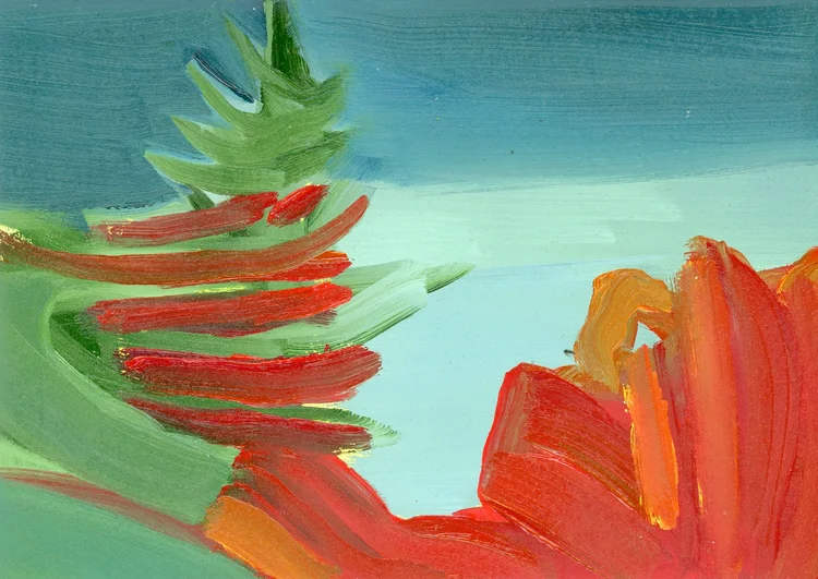 Bully Hill, Red Tree by Phyllis Bryce Ely  Image: A plein air color study of the view from Bully Hill Winery. Small, matted to 11x14
