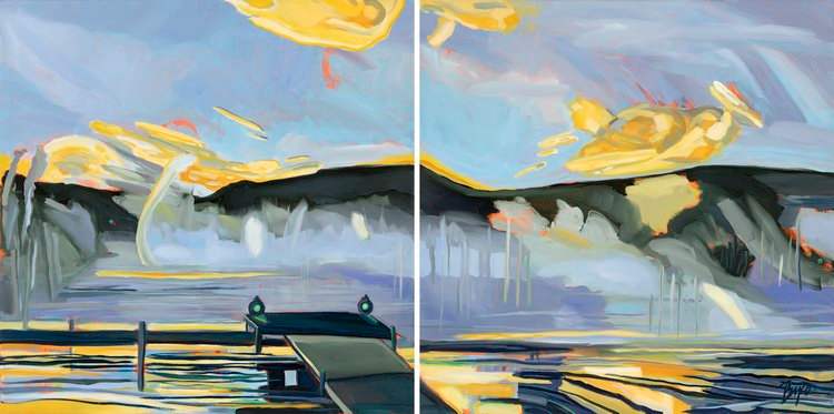 FROZEN MIST AT DAWN by Phyllis Bryce Ely  Image: Studio work based on plein air painting from a frosty October morning in Hammondsport on Keuka Lake. This may have been the first killing frost of 2024. It was a magical morning with mist and icy surfaces  when I began my plein air paintings. I was drawn to the green lanterns in the mist.  Diptych