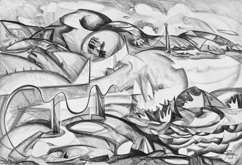 BELDERRIG ENERGY, COUNTY MAYO by Phyllis Bryce Ely  Image: Graphite drawing of Belderrig Harbor, County Mayo, Ireland. This piece engages with the rhythms of the harbor waves and coastal land forms along the Ceide Coast in North Mayo. 