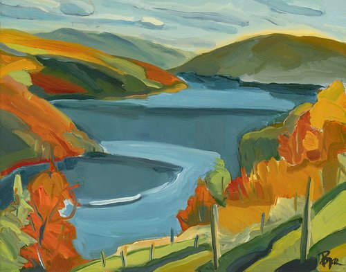 Gazing North by Phyllis Bryce Ely  Image: Keuka Lake plein air view from Living Roots winery Oct 2024. Started out cold but quickly warmed in the morning sun.
