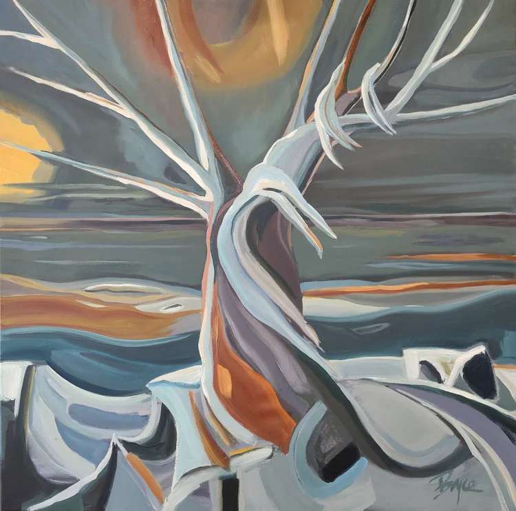 Brizo: Night Ice and the Moon by Phyllis Bryce Ely  Image: Nocturne of icy lakeside tree. The drapey ice on this lone tree makes me think of the Greek goddess Brizo, a friend to mariners and dreamers. 