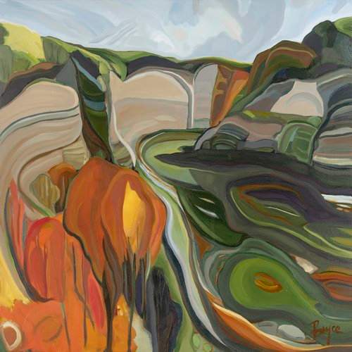 LETCHWORTH VIEW WITH ORANGE by Phyllis Bryce Ely  Image: Studio painting of Letchworth Park based on plein air work. The shared movement of the bend in the river and gorge wall formations is compelling.