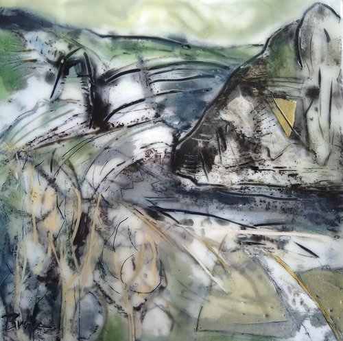 Letchworth Gorge with Green by Phyllis Bryce Ely  Image: Encaustic wax undertaking of a bend in the river in Letchworth State Park. Properties of the wax feel right describing the brittle rock of the river gorge. The limited palette keep the focus on line and texture.  Based on plein air work. 