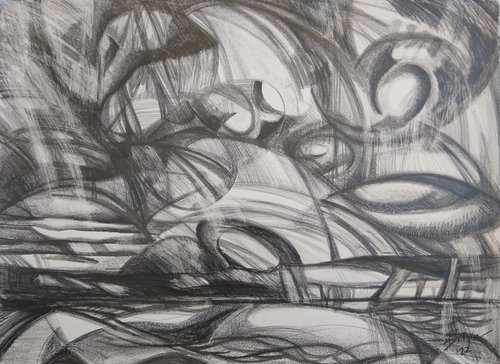 INTO THE SQUALL by Phyllis Bryce Ely  Image: Graphite drawing of a squall moving along the south shore of Lake Ontario, a favorite theme. 