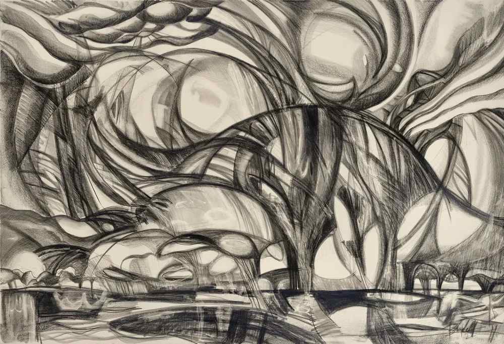 Thrown Down from the Sky by Phyllis Bryce Ely  Image: Drawing of violent thunderstorm over Lake Ontario, a favorite spectacle and subject. Full sheet, Rives BFK.