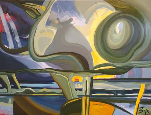 COLORS OF CONCERN by Phyllis Bryce Ely  Image: I love a summer storm over Lake Ontario. This painting indulges in the eerie yellows and purples flowing in lava-lamp shapes as a cold front moves east. 