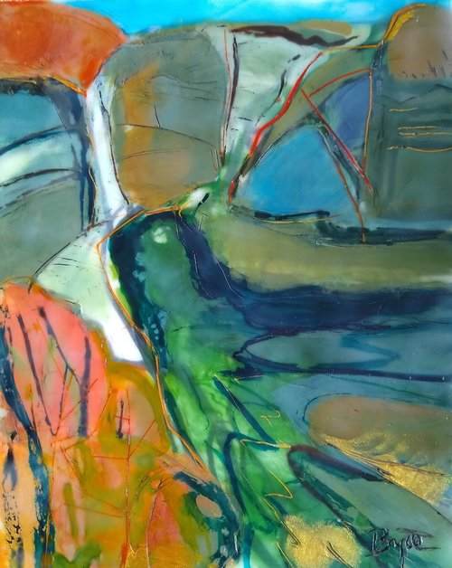 Letchworth Formation by Phyllis Bryce Ely  Image: Encaustic wax painting of a bend in the river in Letchworth State Park. Properties of the wax and ink in this one are fluid like the lines in the landscape. This one is a personal favorite.  Based on plein air work. 