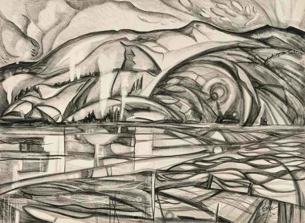 Night Clouds and Plumes by Phyllis Bryce Ely  Image: Graphite drawing indulging in the patterns and rhythms of a night lake and rising mist,  based on plein air nocturnes 