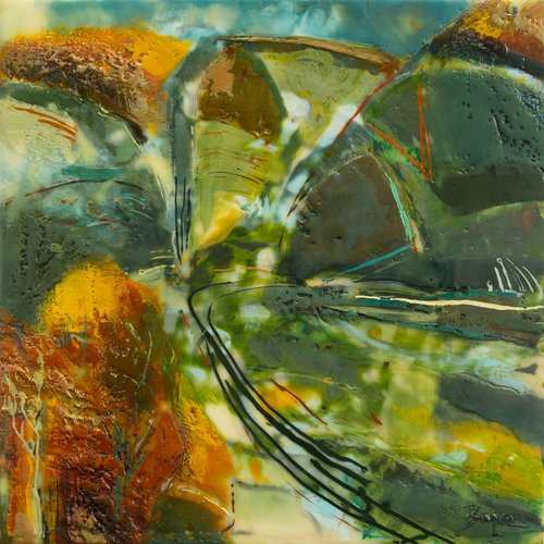 Letchworth View, October by Phyllis Bryce Ely  Image: Encaustic wax painting of a bend in the river in Letchworth State Park. Properties of the wax feel right describing the qualities of the river gorge.  Based on plein air work. 