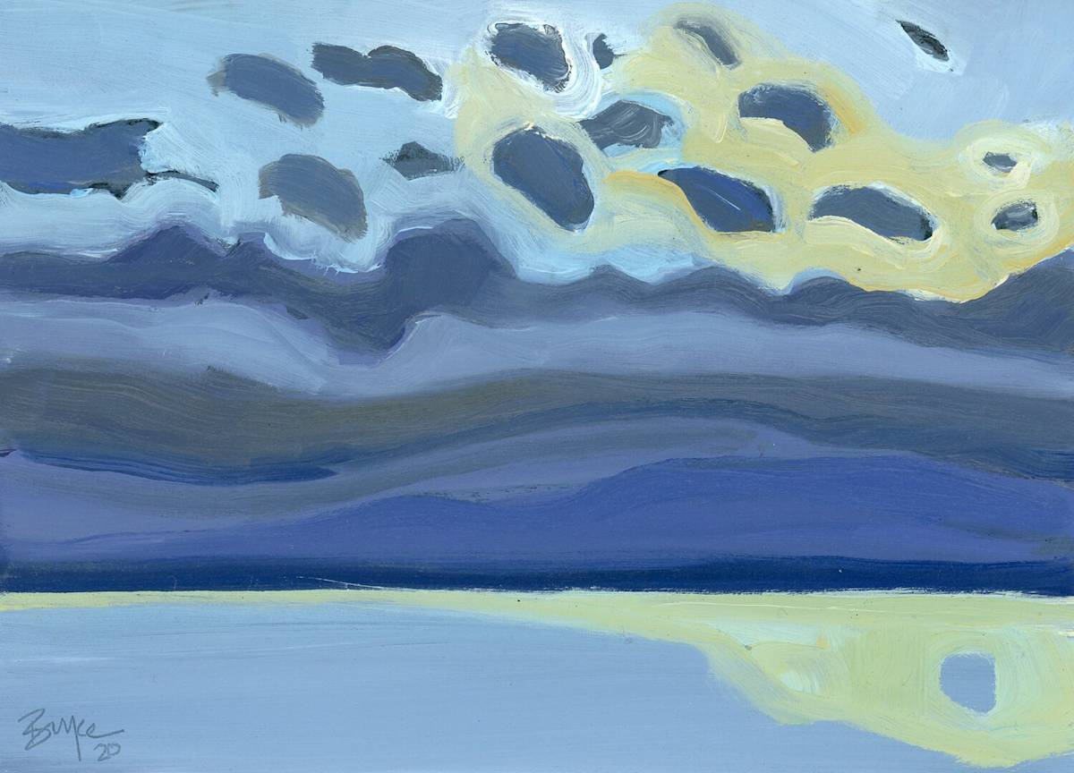 A Mackerel Sky by Phyllis Bryce Ely  Image: I loved the pattern of these mackerel clouds over the lake, especially how the values and colors flip flopped and danced with one another.  Small plein air on panel.