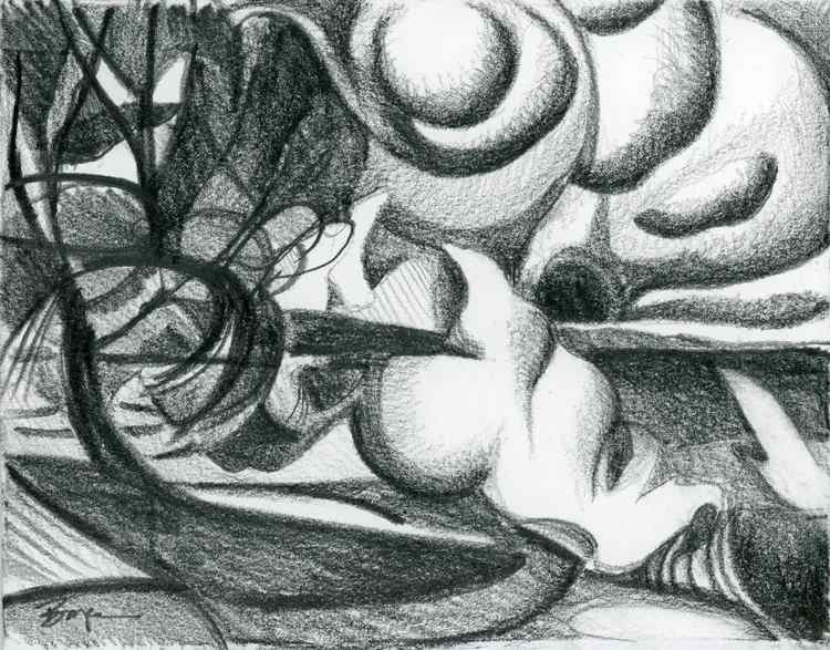 Seneca Lakeshore by Phyllis Bryce Ely  Image: A study of a stormy north shore morning with waves, mist and willows on Seneca Lake. Very small graphite drawing with encaustic wax medium; a test of wax over graphite.