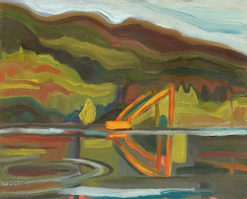 KEUKA LAKE WITH EXCAVATOR by Phyllis Bryce Ely  Image: Plein air of excavator across Keuka Lake at Hammondsport, October 2023. I was captivated by the bold, orange manmade forms and reflections set within the rolling hill and water shapes. This little painting won 'best on show' at the GVPAP annual exhibit 2024. 