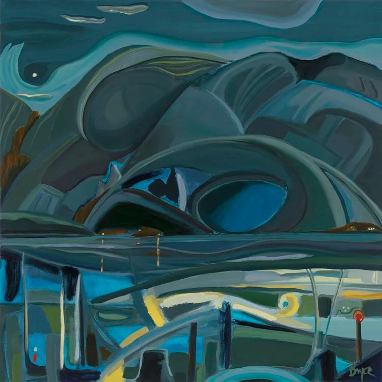 Keuka Night Remembered by Phyllis Bryce Ely  Image: Studio piece based on plein air nocturnes. The blue of night and subtle forms within the hillside make this a favorite subject. I especially loved the cloud cupping the bright star on the left. 