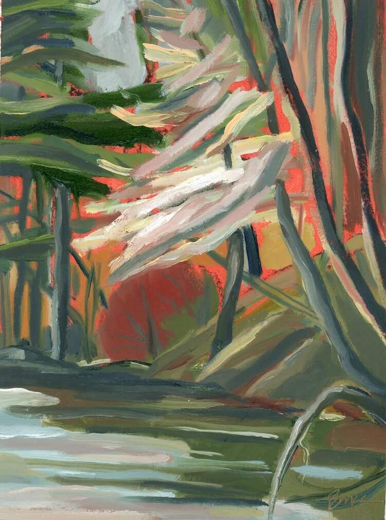 Lake Eastman Waking by Phyllis Bryce Ely  Image: Plein air on paper, early spring day Durand Eastman Park with some red leaves emerging amid a bit of frost on the trees. 