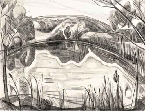 CONSTANCE'S POND by Phyllis Bryce Ely  Image: This is a plein air drawing of peaceful pond at the Saltonstall Arts Foundation (Ithaca, NY), founded by Constance Saltonstall. So many curves and inviting edges on near/far land and in the watery reflections. Drawn during my residency 2023. 