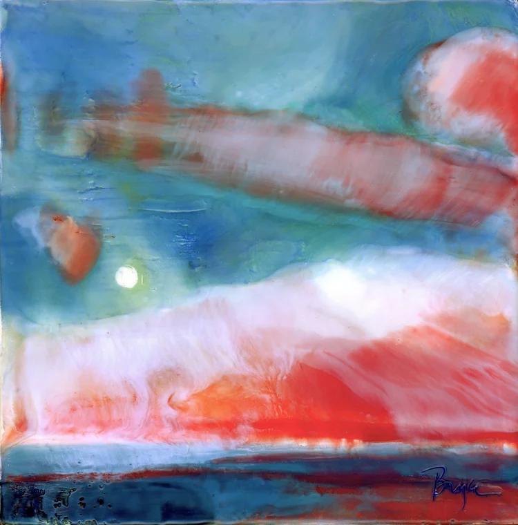 December Sunrise with Moonset by Phyllis Bryce Ely  Image: Encaustic painting attempting to capture the eerie morning light created by a simultaneous sunrise and moonset over the lake.