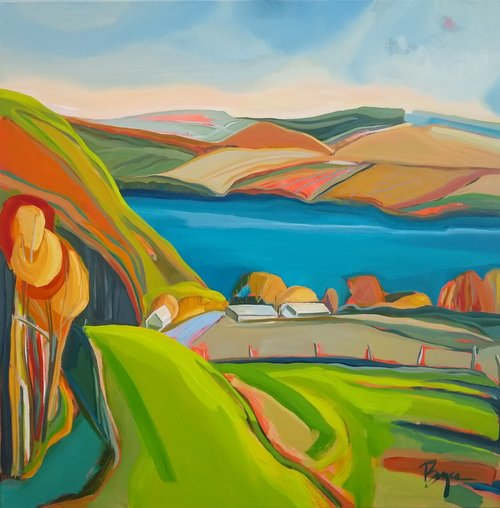 KAREN'S VIEW by Phyllis Bryce Ely  Image: Studio work based on a plein air painting of the Keuka Lake bluff as seen from my friend Karen's house. A vibrant fall day with turquoise water. 