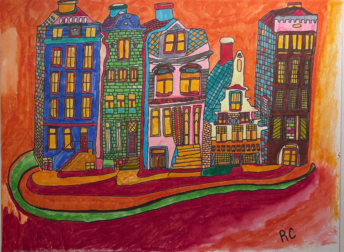 Amsterdam Tilt by Ray Carpenter  Image: Ray Carpenter’s 2022 painting captures Amsterdam’s iconic row houses with bold color, playful distortion, and jazz-like rhythm. Each crooked line and glowing window invites you into a whimsical world where the city bends but never breaks.