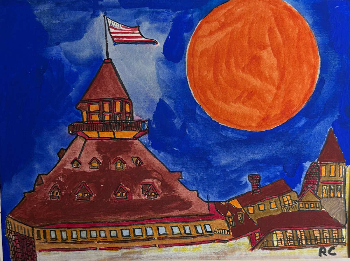 Sunburn at The Del by Ray Carpenter  Image: The iconic Hotel Del basks beneath a blazing California sun — radiant, relentless, and unforgettable. In my urban impressionist style, the sun isn’t just light, it’s a character: beautiful, bold, and always a little threatening. This is San Diego, seen through heat and memory.