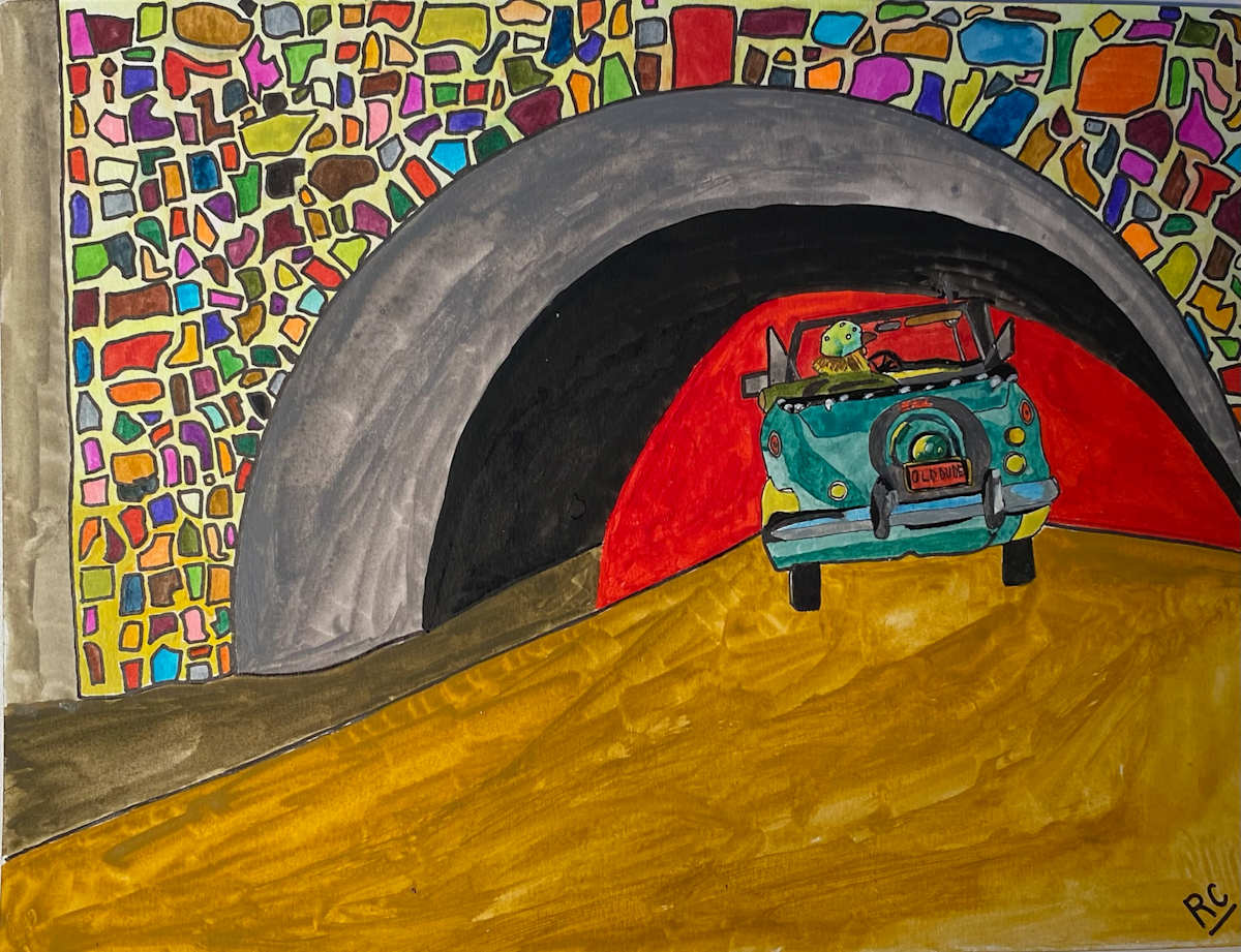 The Old Dude and the 101 by Ray Carpenter  Image: This vibrant urban impressionist piece by Ray Carpenter captures “Old Dude” cruising into the colorful 101 Tunnel in Los Angeles. The mosaic-like wall bursts with bold, fractured shapes, contrasting against the deep shadow of the tunnel ahead. It’s a playful blend of nostalgia, motion, and the thrill of the open road.