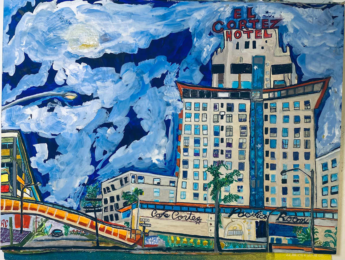 Ash & Elevation by Ray Carpenter  Image: El Cortez Hotel
San Diego’s first true skyscraper, once the tallest building in the city.
History: Built in 1927, El Cortez was a glamorous hotel and beacon of downtown luxury. Its iconic rooftop sign and glass elevator were once symbols of modern innovation.

With its dramatic sky and glowing neon, Ray Carpenter’s tribute to the El Cortez brings the legendary hotel—and its famous Travolator ramp—back to life in a dreamy dance of color, nostalgia, and San Diego history.
