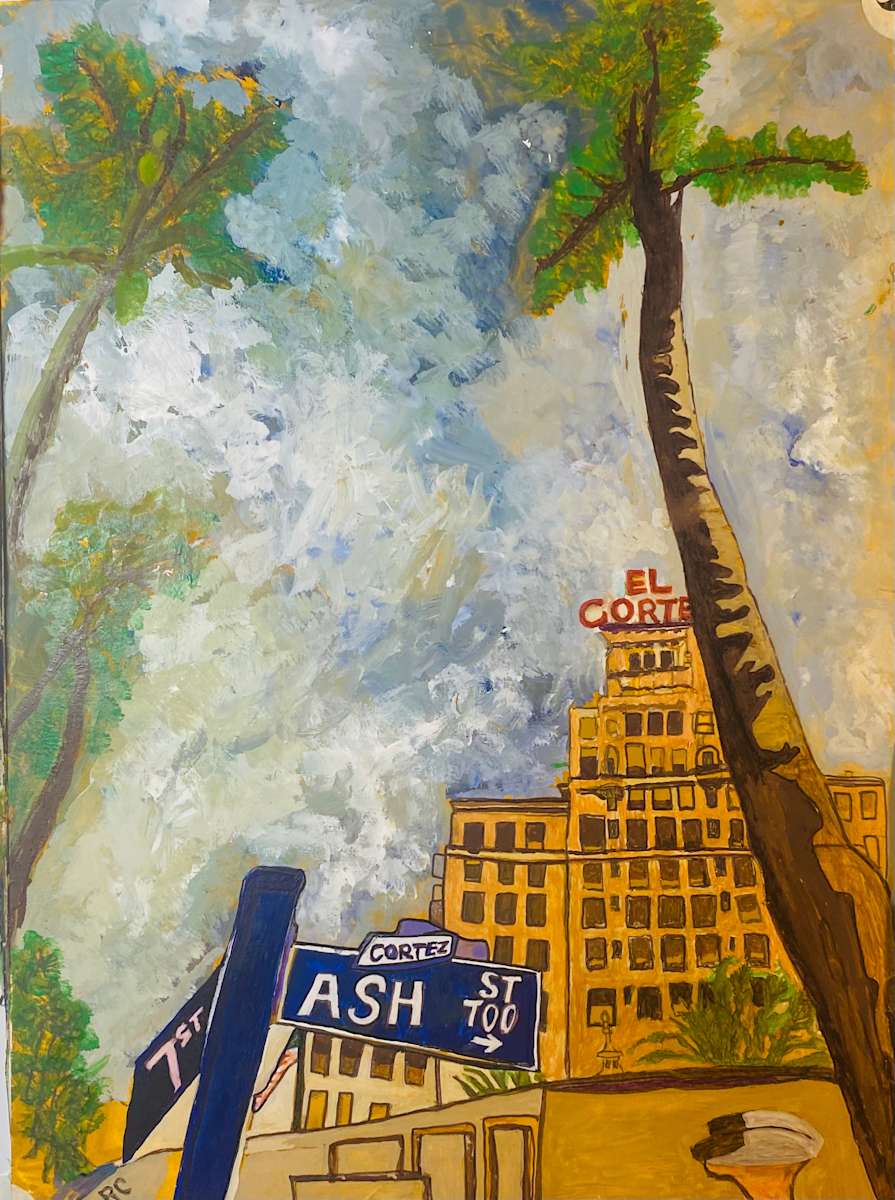 Ash & Cortez by Ray Carpenter  Image: El Cortez Hotel
San Diego’s first true skyscraper, once the tallest building in the city. “Cortez in the Clouds” – Captures the dreamy, impressionistic sky.
History: Built in 1927, El Cortez was a glamorous hotel and beacon of downtown luxury. Its iconic rooftop sign and glass elevator were once symbols of modern innovation.