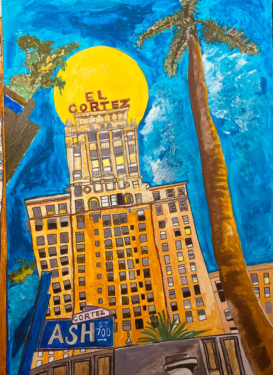 Sun Over Cortez by Ray Carpenter  Image: El Cortez 
Opened in 1927, El Cortez was San Diego’s tallest building and a glamorous apartment-hotel, famous for its illuminated sign and the world’s first outside glass elevator. It’s listed on the National Register of Historic Places and remains a city icon.
Beneath a golden sun and swaying palms, Ray Carpenter’s watercolor brings the El Cortez to life—celebrating a San Diego icon at the corner of Ash and Cortez with color, memory, and architectural charm. 
