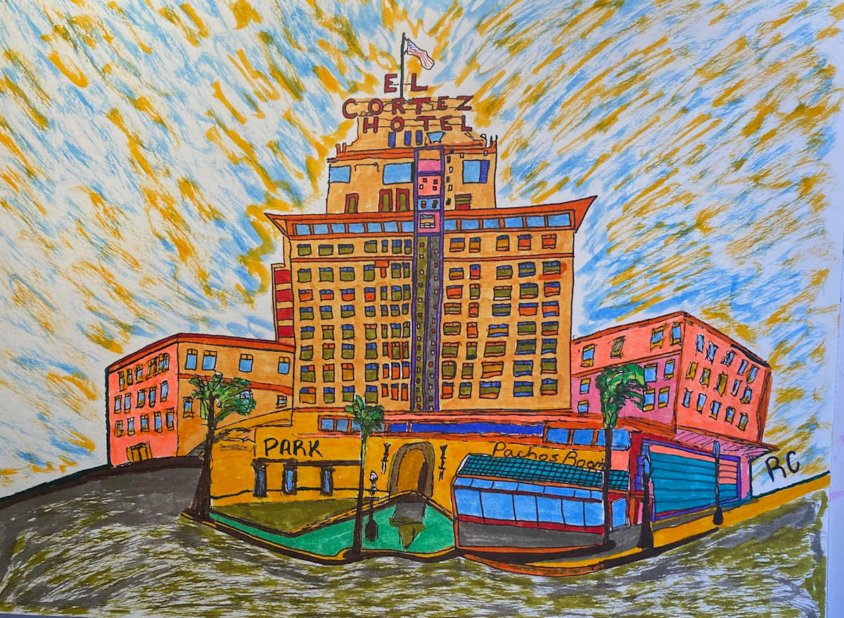 Jazz Lines & Rooftop Signs by Ray Carpenter  Image: El Cortez
Opened in 1927, El Cortez was San Diego’s tallest building and a glamorous apartment-hotel, famous for its illuminated sign and the world’s first outside glass elevator. It’s listed on the National Register of Historic Places and remains a city icon.