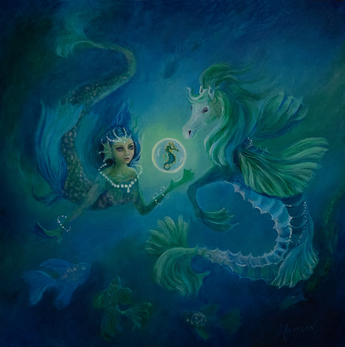 The Gift by Bonnie Hamlin  Image: A Mermaid presenting a SeaHorse to a MerHorse deep in the ocean