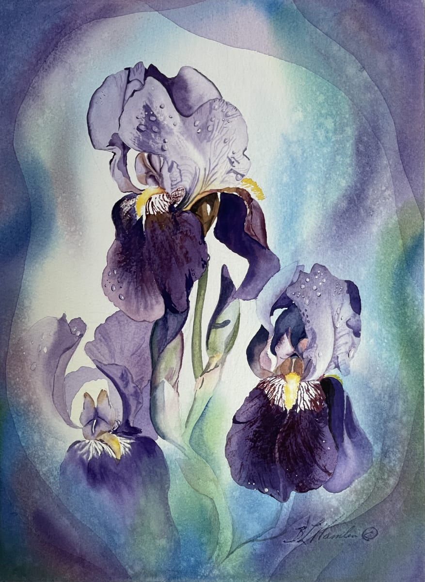 The Dance of Three Iris by Bonnie Hamlin  Image: Three sets of three petals three iris swaying to the breeze